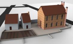 Das Grundstück der jüdischen Gemeinde um 1885, Blickrichtung Norden. Links in der Kirchstraße 5 das Haus des Lehrers, in der Mitte das Badehaus und rechts die Synagoge in der Bahnhofstraße 10.
© HKV Lorsch, Harry Niemann
