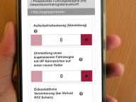 Screen auf dem Handy: Auswahl der KFZ-Angelegenheiten